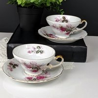 Set of  2 Harmony House Eugenie Rose Pink Roses Gold Rim Tea Cup & Saucers