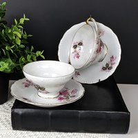 Set of  2 Harmony House Eugenie Rose Pink Roses Gold Rim Tea Cup & Saucers