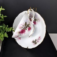 Set of  2 Harmony House Eugenie Rose Pink Roses Gold Rim Tea Cup & Saucers