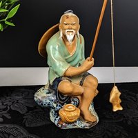 Vintage Chinese Shiwan Mudman with Fish and Pole, Green Shirt IMPERFECT