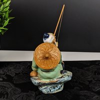 Vintage Chinese Shiwan Mudman with Fish and Pole, Green Shirt IMPERFECT
