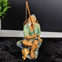 Vintage Chinese Shiwan Mudman with Fish and Pole, Green Shirt IMPERFECT
