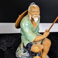 Vintage Chinese Shiwan Mudman with Fish and Pole, Green Shirt IMPERFECT