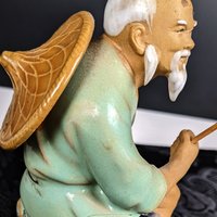 Vintage Chinese Shiwan Mudman with Fish and Pole, Green Shirt IMPERFECT