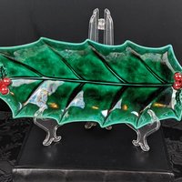 Vintage Lefton 1349 Green Holly Christmas Relish Tray