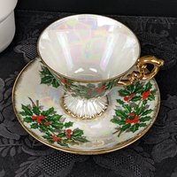Vintage Ucago December Holly Tea Cup and Saucer Set