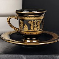 Vintage I. Spyropoulos Black and Gold Demitasse Cup and Saucer Set, Hand Painted in Greece
