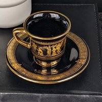 Vintage I. Spyropoulos Black and Gold Demitasse Cup and Saucer Set, Hand Painted in Greece