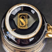 Vintage I. Spyropoulos Black and Gold Demitasse Cup and Saucer Set, Hand Painted in Greece