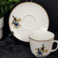 Vintage Bereuther Waldsassen Tea Cup and Saucer with Blue Grosbeck Design