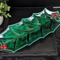 Vintage Lefton 1349 Green Holly Christmas Relish Tray