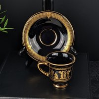 Vintage I. Spyropoulos Black and Gold Demitasse Cup and Saucer Set, Hand Painted in Greece