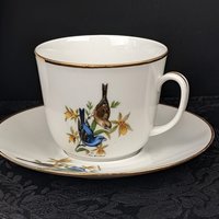 Vintage Bereuther Waldsassen Tea Cup and Saucer with Blue Grosbeck Design