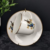 Vintage Bereuther Waldsassen Tea Cup and Saucer with Blue Grosbeck Design