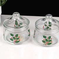 Pair of Vintage Indiana Glass Snack Jar Holly Covered Candy Jars