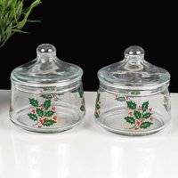Pair of Vintage Indiana Glass Snack Jar Holly Covered Candy Jars