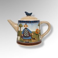 1999 Williraye Studio Coyne & Co Folk Art Teapot and Sugar Bowl