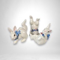 Set of 3 Ceramic White Playful Bunny Figurines