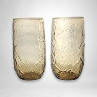 Set of 2 Vintage Anchor Hocking Amber Leaf Pattern Glass Tumblers | 7" Tall | Excellent Condition | Perfect for Iced Tea, Cocktails & More