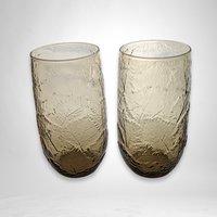 Set of 2 Vintage Anchor Hocking Amber Leaf Pattern Glass Tumblers | 7" Tall | Excellent Condition | Perfect for Iced Tea, Cocktails & More