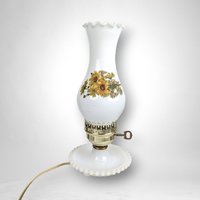 Vintage Milk Glass Hurricane Lamp with Yellow Flowers, 13", Cottagecore Decor
