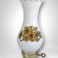 Vintage Milk Glass Hurricane Lamp with Yellow Flowers, 13", Cottagecore Decor