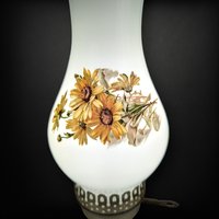 Vintage Milk Glass Hurricane Lamp with Yellow Flowers, 13", Cottagecore Decor