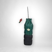 Hand Painted Carved Wooden Frog Fishing Figurine