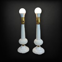 Pair of Vintage Mid Century Milk Glass Hobnail Table Lamps - Shades Not Included