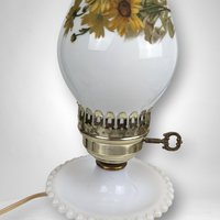 Vintage Milk Glass Hurricane Lamp with Yellow Flowers, 13", Cottagecore Decor