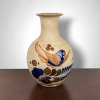 Vintage Tonala Pottery Vase with Hand-Painted Bird | Mexican Folk Art | Rustic Home Decor