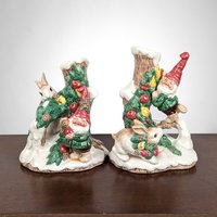 Set of 2 1991 Fitz and Floyd Woodland Santa Candlesticks: Festive Holiday Decor