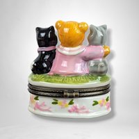 Vintage Ceramic Trinket Box with Bear and Cats: Whimsical Collectible