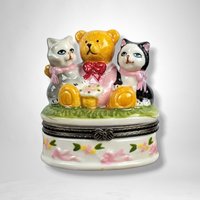 Vintage Ceramic Trinket Box with Bear and Cats: Whimsical Collectible