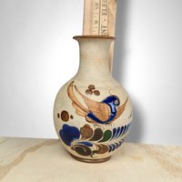 Vintage Tonala Pottery Vase with Hand-Painted Bird | Mexican Folk Art | Rustic Home Decor