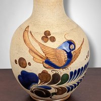 Vintage Tonala Pottery Vase with Hand-Painted Bird | Mexican Folk Art | Rustic Home Decor
