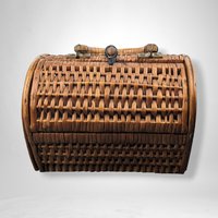 Vintage Wicker Handbag | Leather & Wood Clasp | 7" Tall x 9.25" Long | Summer Purse | Boho Style | Woven Bag | Unique Accessory