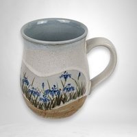 Vintage Stoneware Mug | Blue Flowers | Gray & Brown | 4" Tall | Coffee Tea Cup | Excellent Condition
