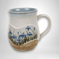 Vintage Stoneware Mug | Blue Flowers | Gray & Brown | 4" Tall | Coffee Tea Cup | Excellent Condition