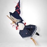 Vintage Hanging Witch on Broom with Porcelain Face