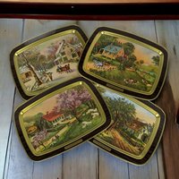 Set of 4 Currier and Ives American Homestead 4 Seasons Tin Trays