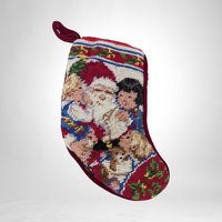Charming Vintage Needlepoint Small Christmas Stocking with Santa and Children - Festive Holiday Decor