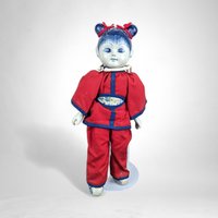 Vintage Asian Decor Blue and White Porcelain Girl Doll