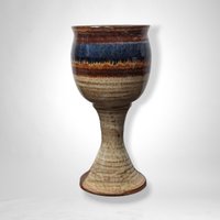 Handmade Pottery Chalice: Brown with Blue Stripe - Artisan Crafted Elegance