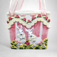 Vintage Ceramic Easter Bunny Bag, Easter Decor, Bunny Rabbit Decor, Spring Decor, Ceramic Basket, Easter Gift, Candy Holder