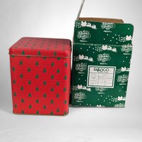 Vintage Enesco Set of 3 Red Christmas Tins with Festive Tree Pattern