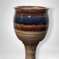 Handmade Pottery Chalice: Brown with Blue Stripe - Artisan Crafted Elegance