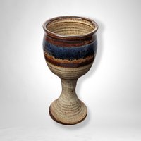 Handmade Pottery Chalice: Brown with Blue Stripe - Artisan Crafted Elegance