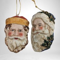 Vintage Enesco Pair of Ceramic Santa Heads Ornaments: Festive Holiday Charm