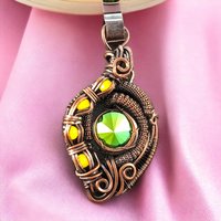 Handmade Copper Wire Wrapped Pendant with Green Crystal, Green Rivoli Crystal Jewelry, Artisan Pendant, Statement Pendant